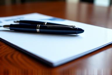 A clean, professional boardroom table with high-end fountain pens and legal pads