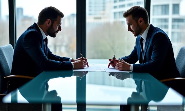 Legal professionals reviewing documents in a corporate boardroom