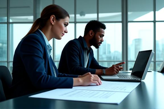 Team reviewing compliance documentation in a modern London office