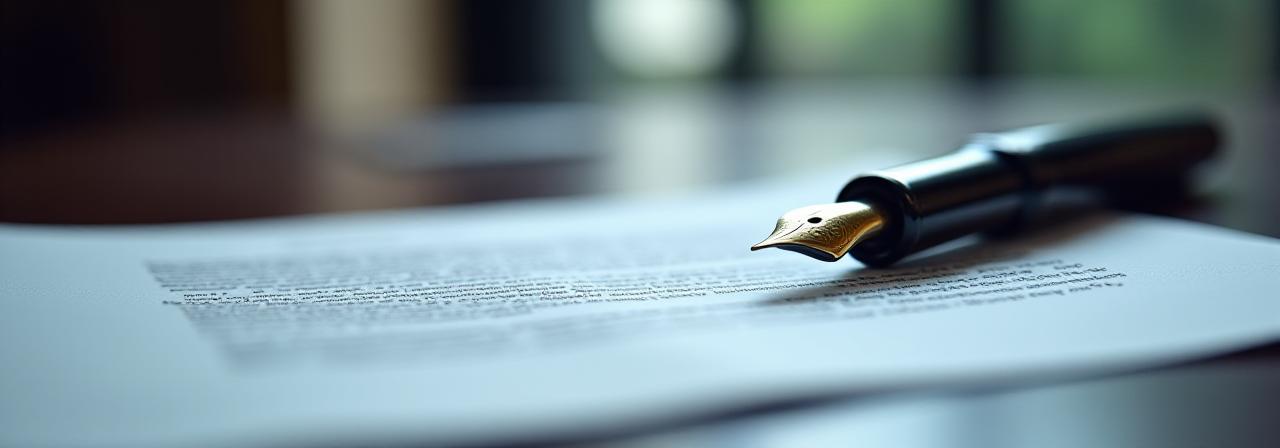 Close up of a legal contract with a fountain pen and professional desk setting